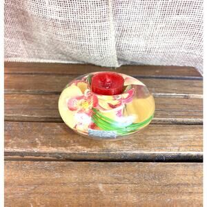 Emilio Robba Yellow & Fuchsia Phalaenopsis Orchid Tea Light Holder ~Clear Resin